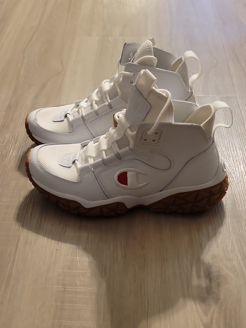 Champion White High-Top Sneakers with Gum Outsole and Red Logo